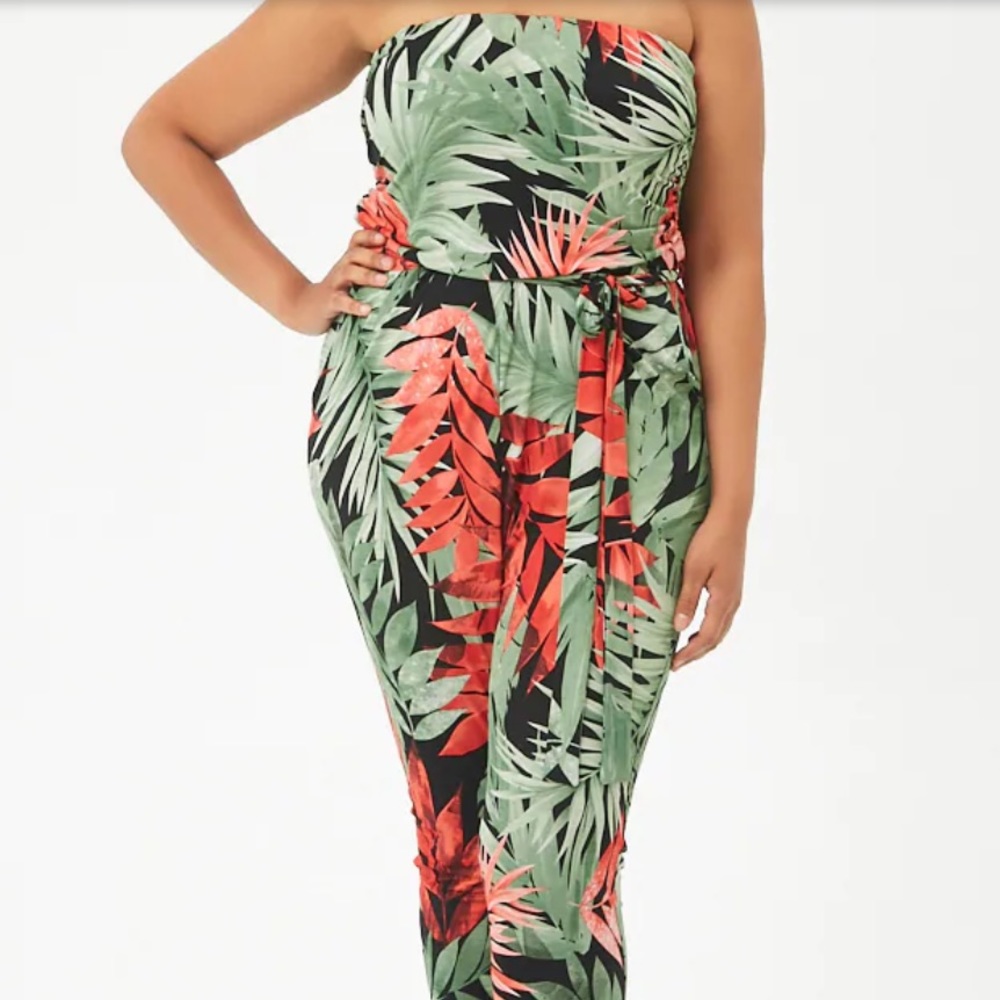 F21+ Multicolor Tropical Leaf-Print Tube Jumpsuit